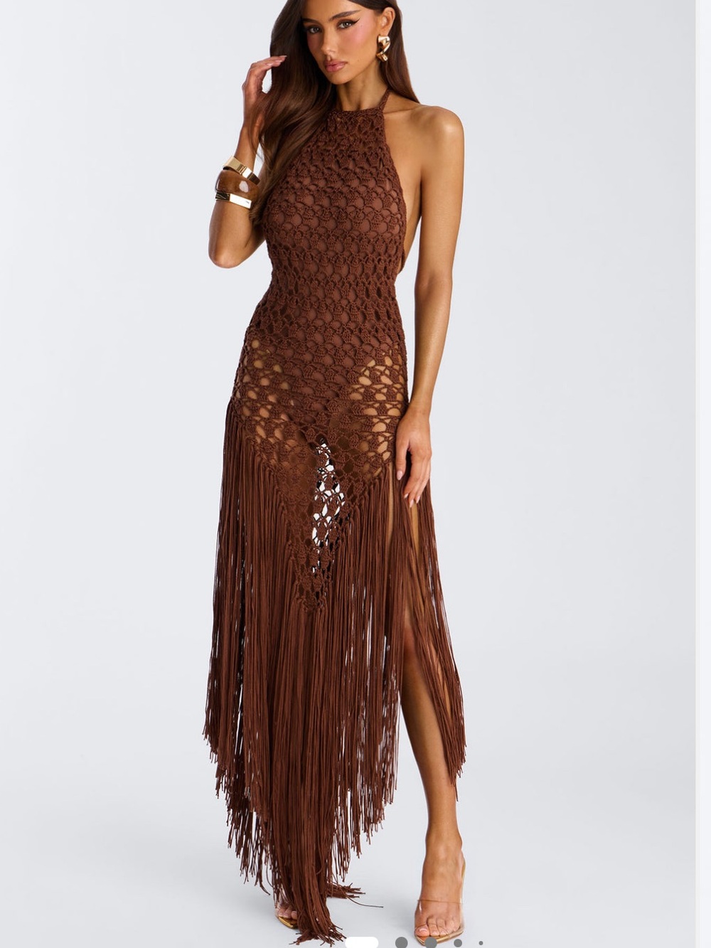 Fashion nova heatwave chocolate brown fringe crochet maxi dress S *
